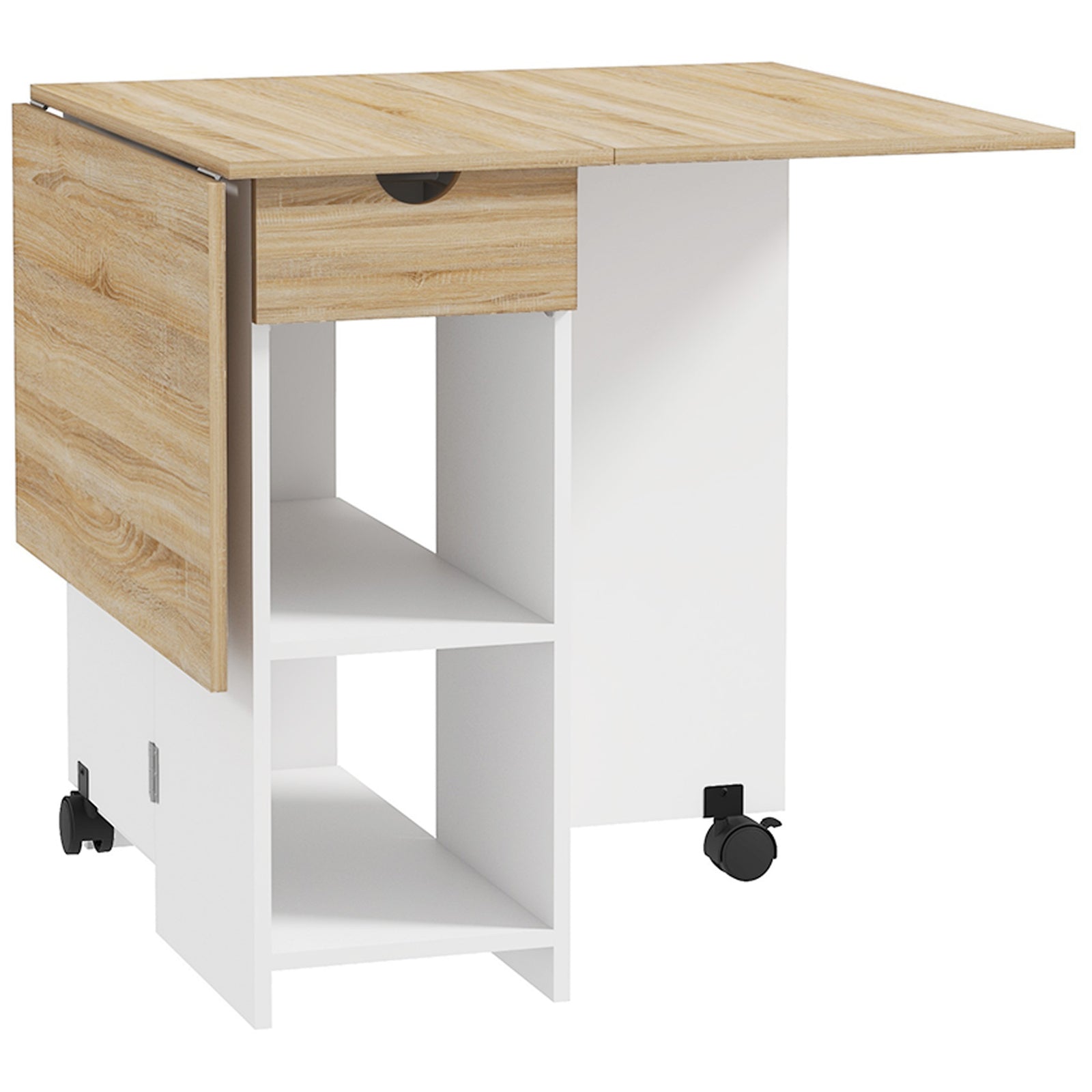 Folding Dining Table, Drop Leaf Table for Small Spaces, Foldable Table with Drawer and Storage Shelves for Kitchen, Dining Room, Oak