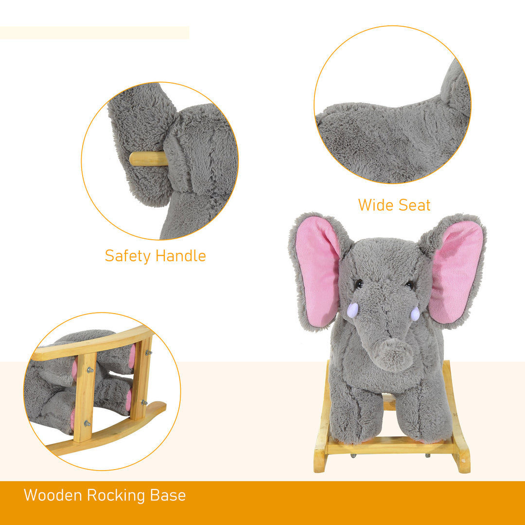 HOMCOM Plush Elephant Rocking Horse for Kids, Traditional Wooden Riding Toy with 32 Nursery Rhymes, Grey | Aosom UK