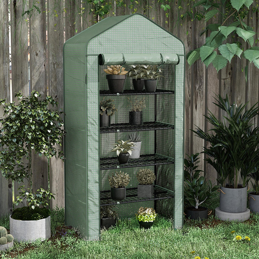 5 Tier Widened Mini Greenhouse with Reinforced PE Cover, Portable Indoor Outdoor Green House with Roll-up Door and Wire Shelves, 193H x 90W x 49Dcm, Green