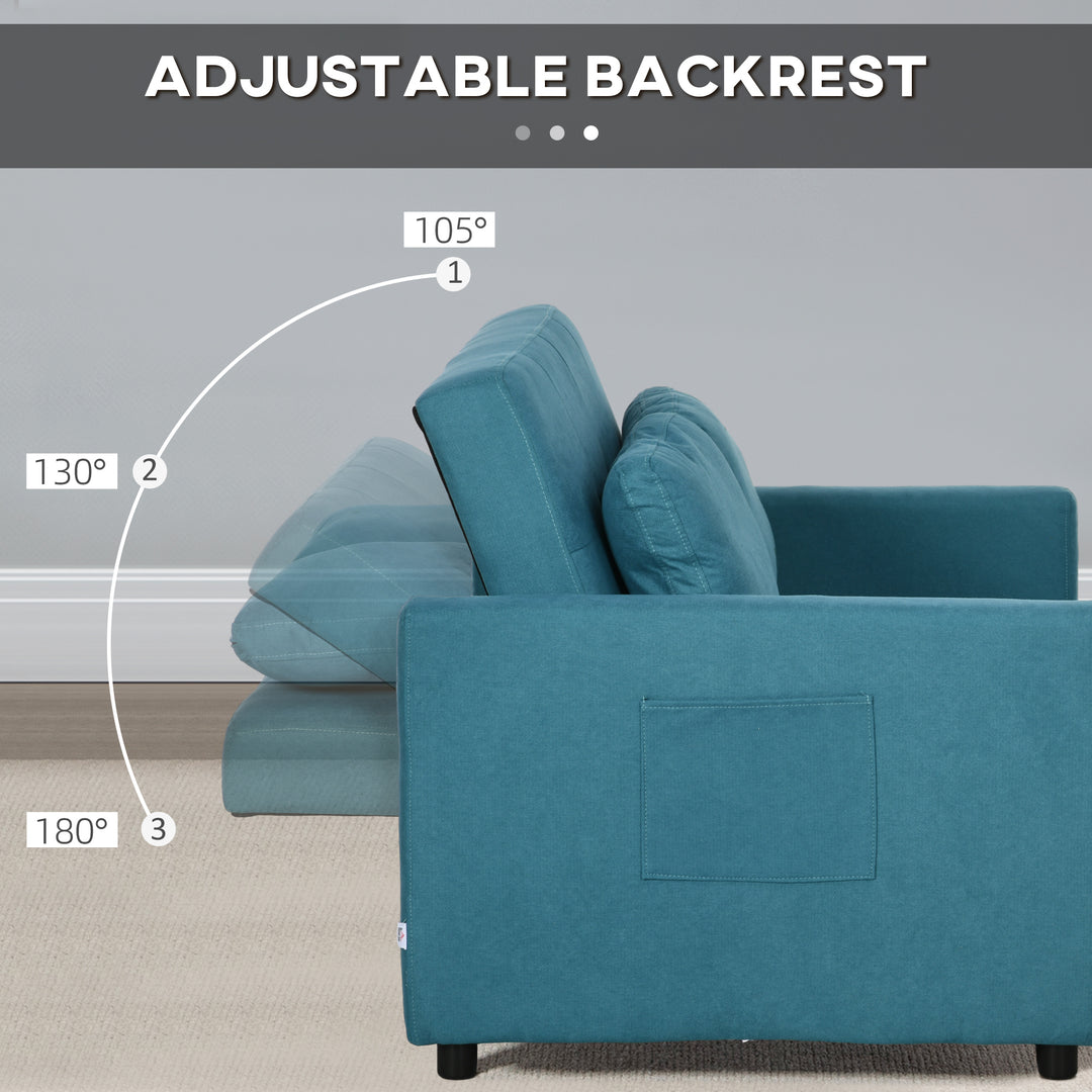 Loveseat Sofa Bed, Convertible Bed Settee with 2 Cushions, Side Pockets for Living Room, Blue