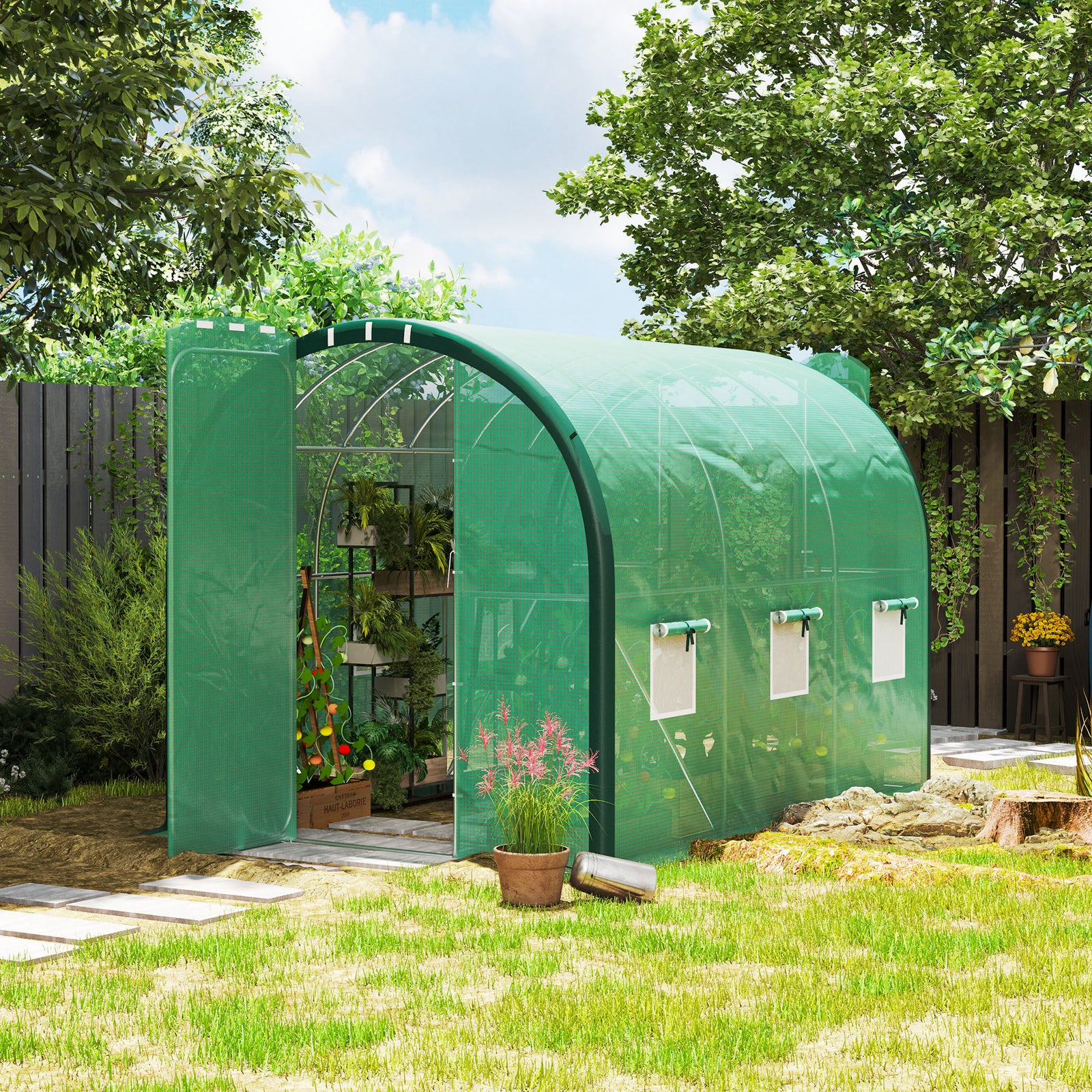 3 x 2(m) Polytunnel Greenhouse, with Windows and Doors - Green