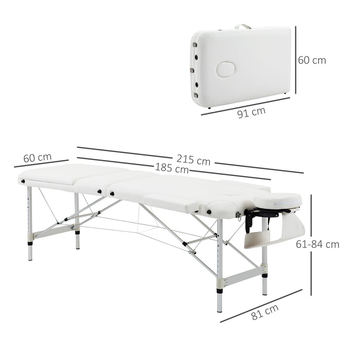 Foldable Massage Bed Portable Table, 3-Section Aluminium Foldable Beauty Couch, Professional Salon Spa Table with Headrest Support and Carry Bag, 81 cm Width, White