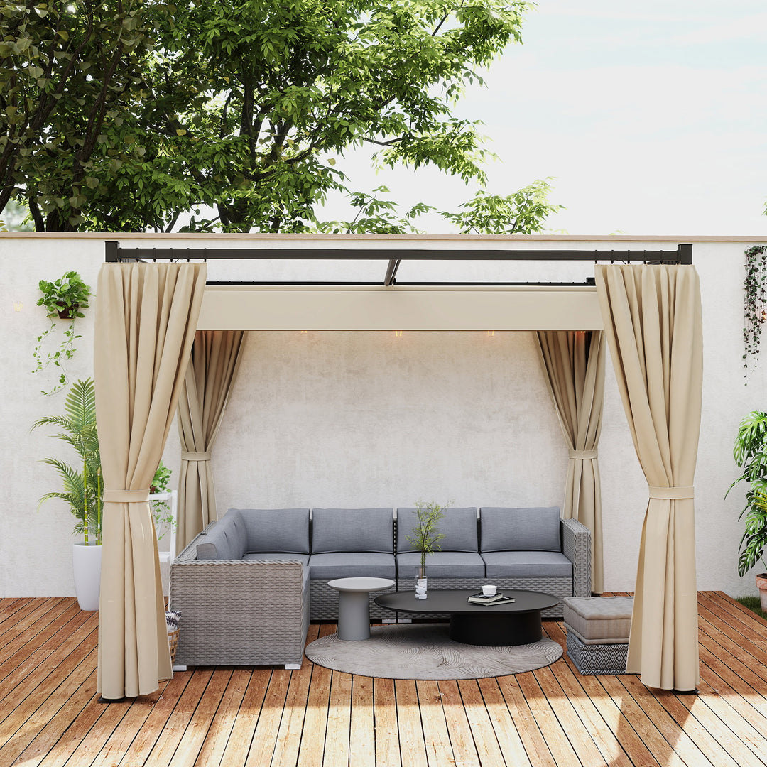 3 x 3(m) Retractable Pergola, Garden Gazebo Shelter with Curtains, for Grill, Patio, Deck, Beige