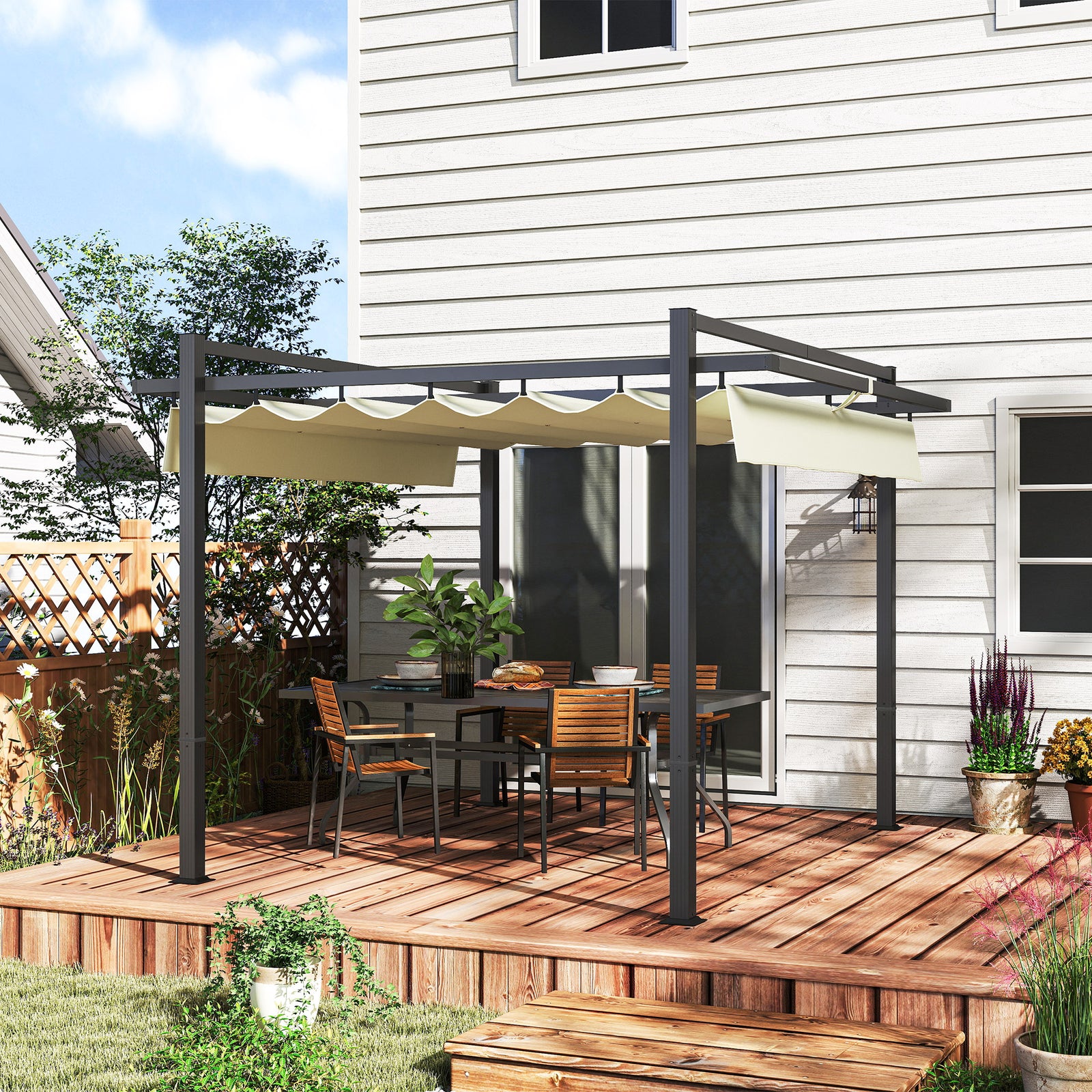 3 x 3m Aluminium Pergola, with Retractable Roof - Grey/Khaki