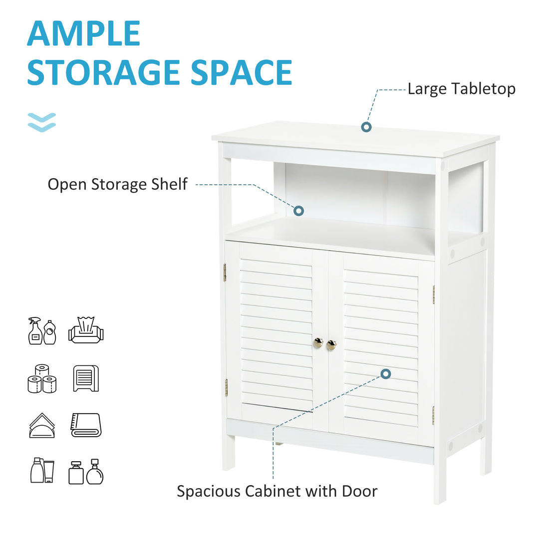 Bathroom Storage Unit Cabinet with Open Storage Shelf, Freestanding Floor Cabinet Organizer with 2 Doors for Living Room Kitchen Entryway, White
