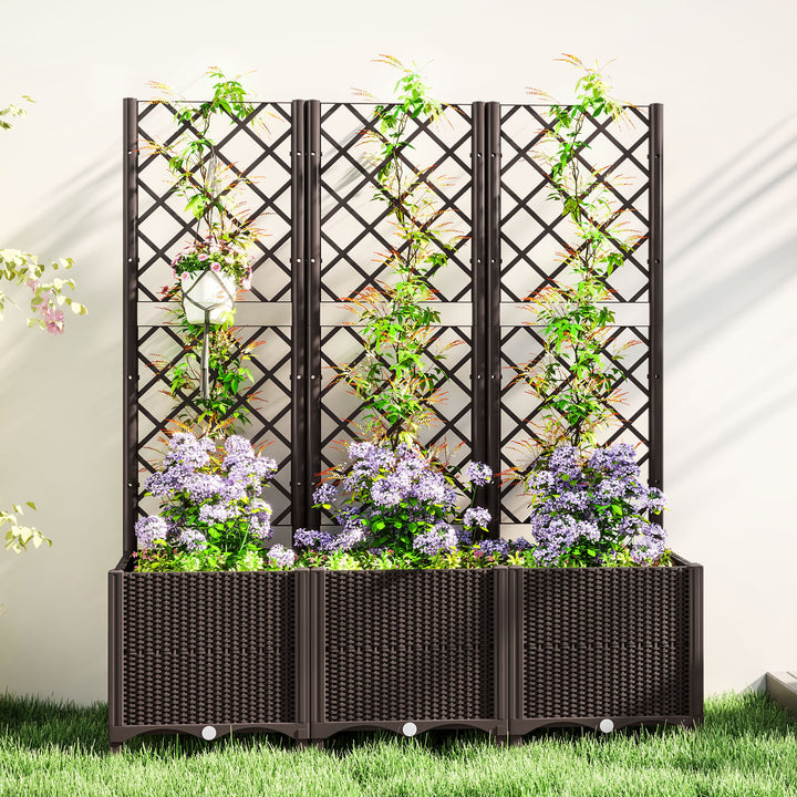Raised Garden Bed with Trellis, Plastic Planter Box with Drainage Holes, Drain Plugs and Water Reservoirs for Climbing Plants, Vegetables, Flowers, Brown