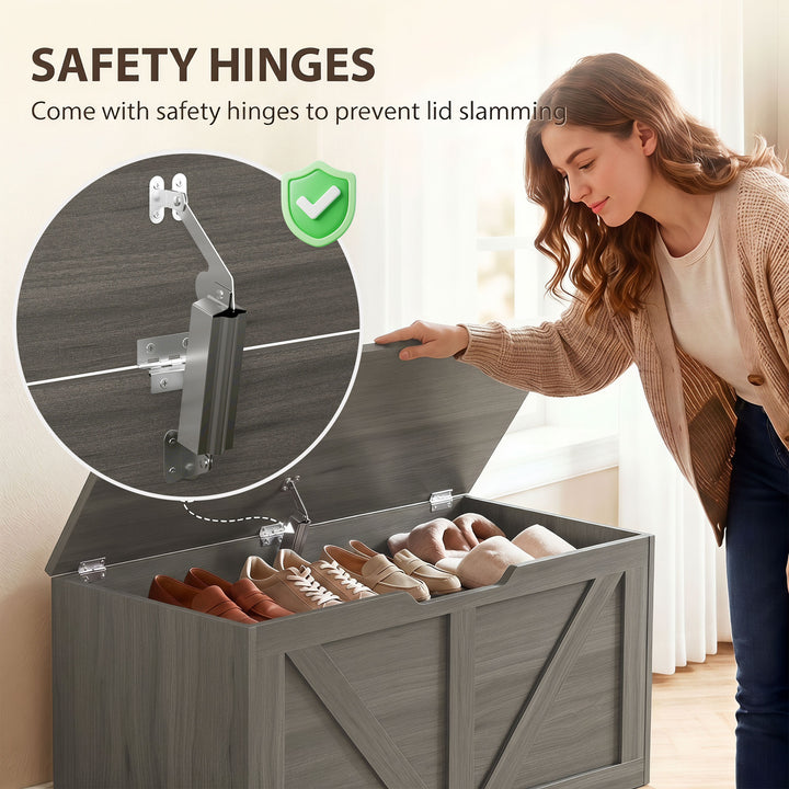 100L Home Storage Box, with Safety Hinge - Dark Grey Wood-Effect