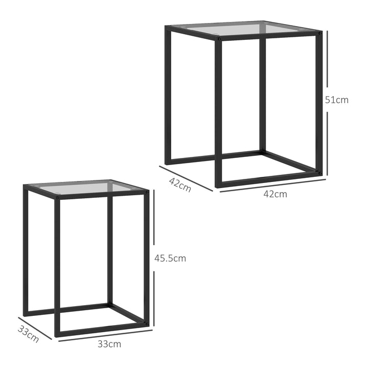Nesting Tables Set of 2, Side End Table with Tempered Glass Top and Steel Frame for Living Room, Bedroom, Black
