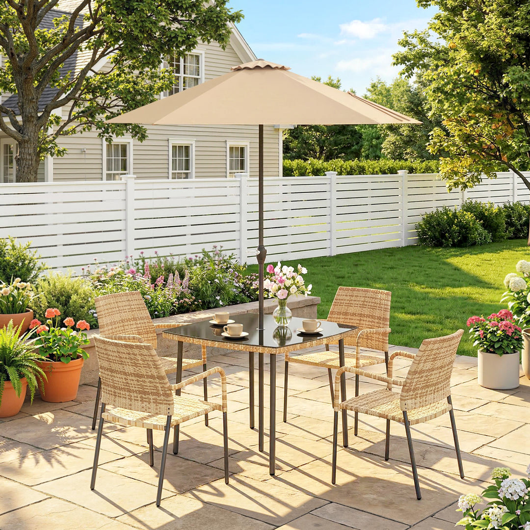 4 Seater Rattan Dining Set with Parasol, 6 Piece Garden Table and Stac
