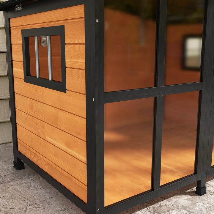 Wooden Dog Kennel with Removable Floor, Asphalt and Openable Roof, Large Window, for Large Dogs, Yellow