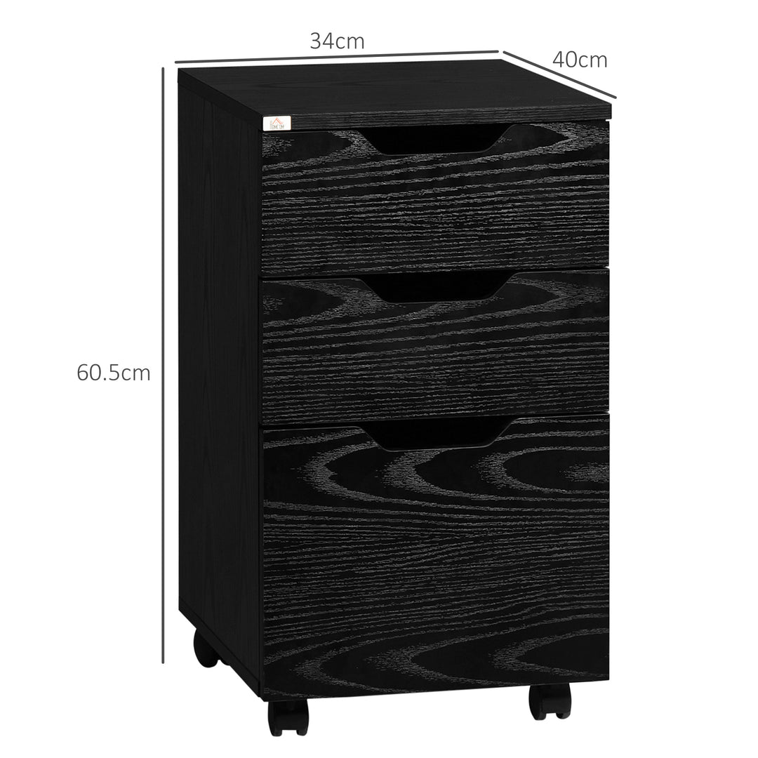 HOMCOM 3-Drawer File Cabinet Under Desk Office Storage Cabinet A4/Letter/Binders Movable W/ Slide Wheels Black Oak Color