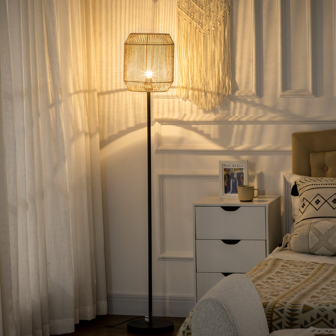 Farmhouse Standing Lamp, Floor Lamps with Hand Woven Rattan Lampshade for Living Room