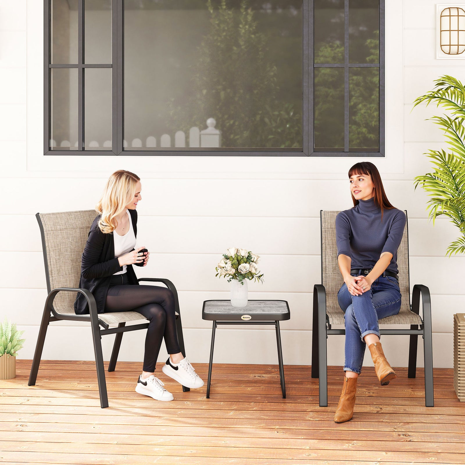 3 Pieces Outdoor Bistro Set, Patio Stackable Armchairs with Breathable Mesh Fabric and SPC Board Coffee Table, Brown