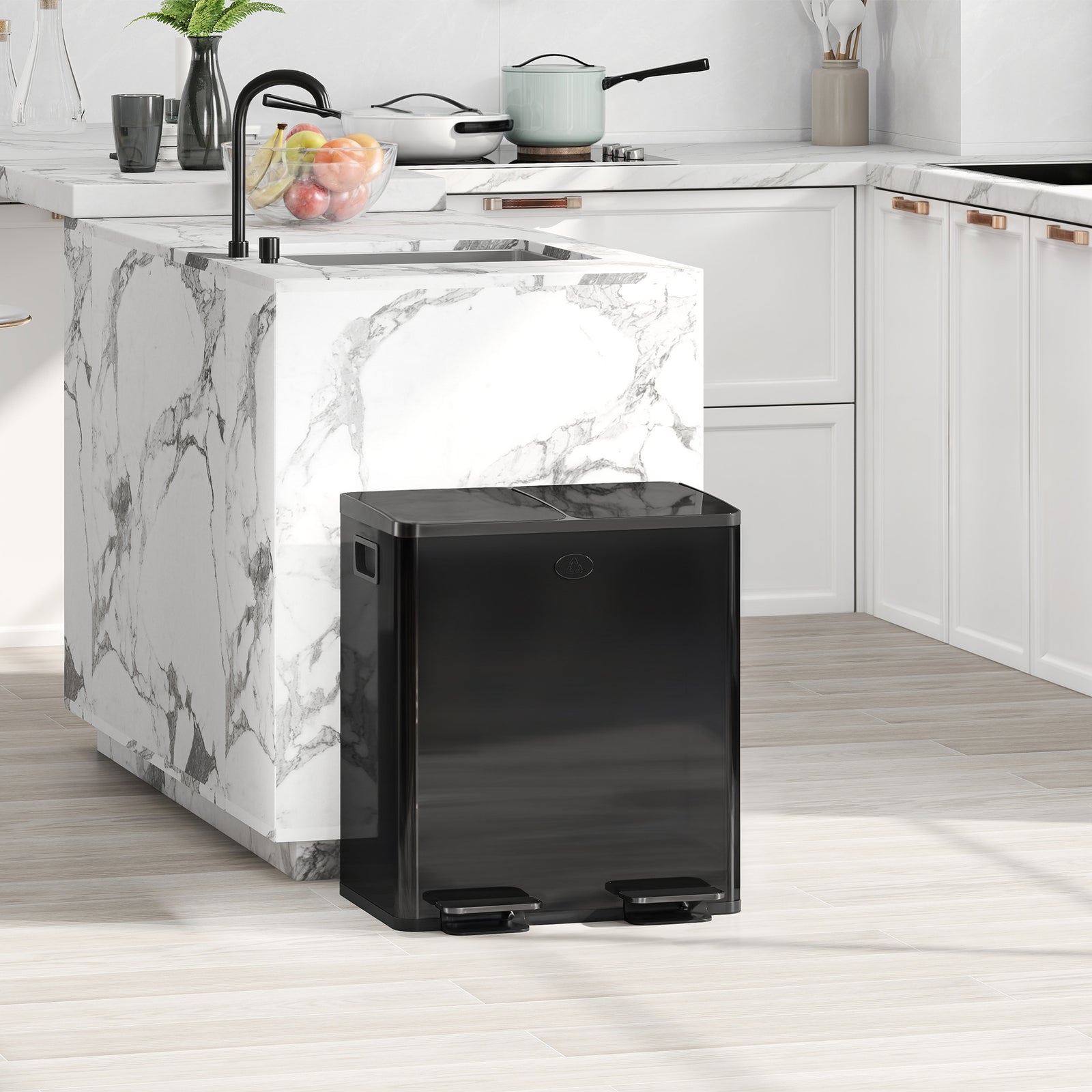 40L Dual Compartment Stainless Steel Bin, with Deodoriser Holders - Glossy Black