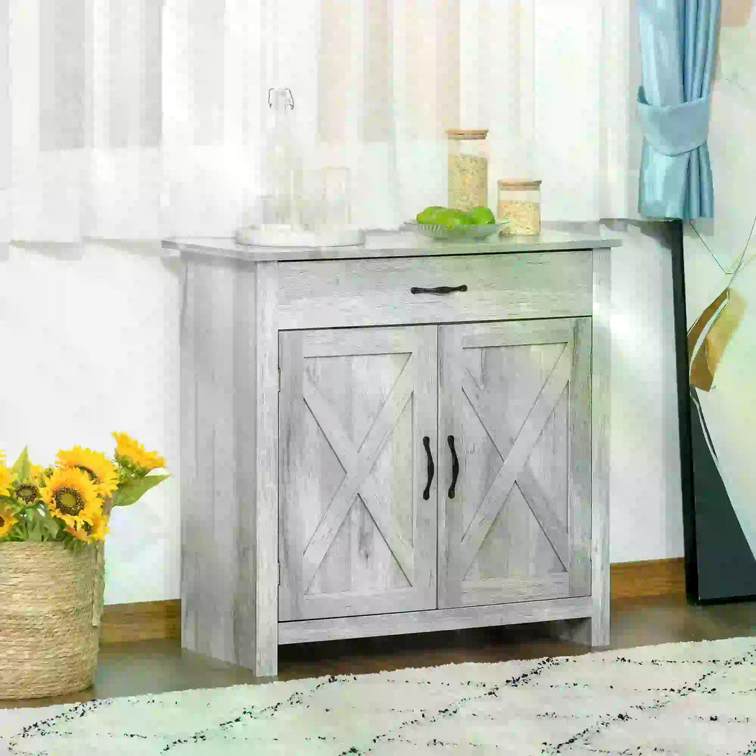 HOMCOM Farmhouse Sideboard: Grey Wood-Effect Storage Cabinet with Barn Doors, Coffee Bar Style | Aosom UK