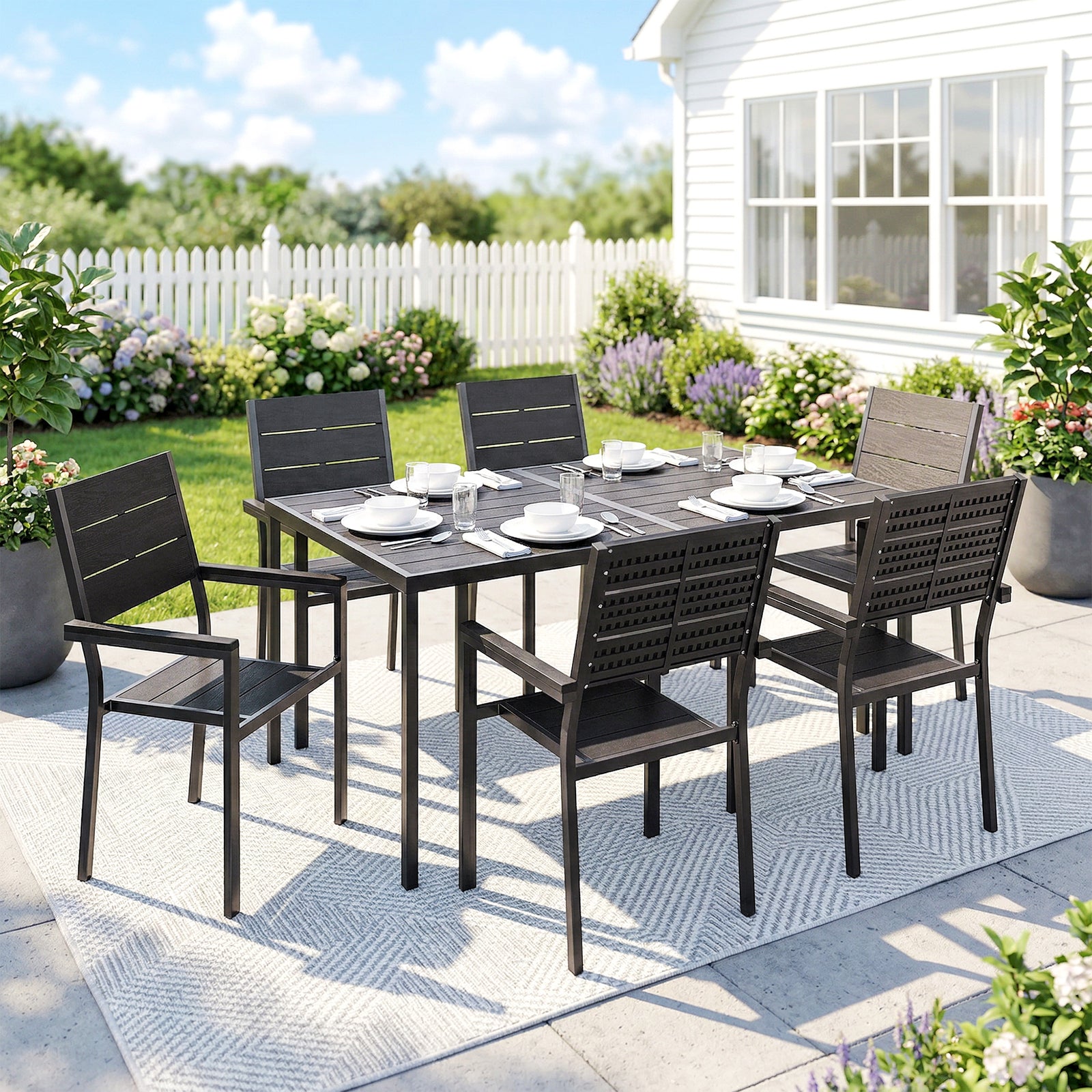 7 Pieces Outdoor Dining Set, Patio Table and Chairs for 6, Garden Dini