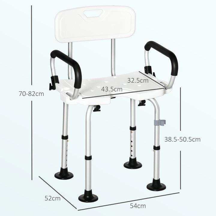 Shower Chair for the Elderly and Disabled, Height Adjustable Shower Stool with Back and Flipped Padded Arms, Suction Foot Pads, White