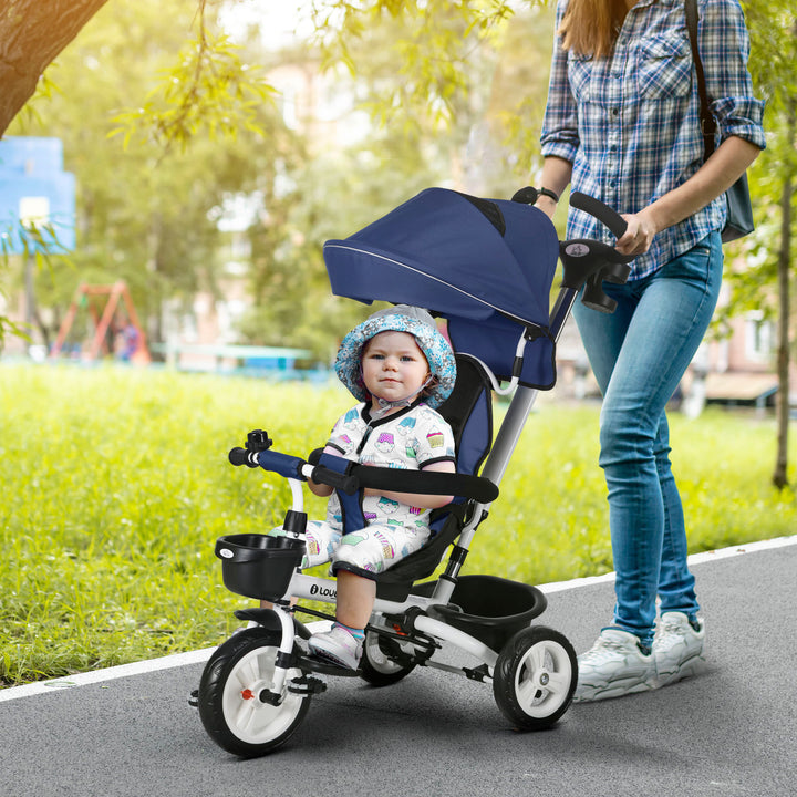 HOMCOM Metal Frame 4 in 1 Baby Push Tricycle with Parent Handle for 1-5 Years Old, Dark Blue | Aosom UK