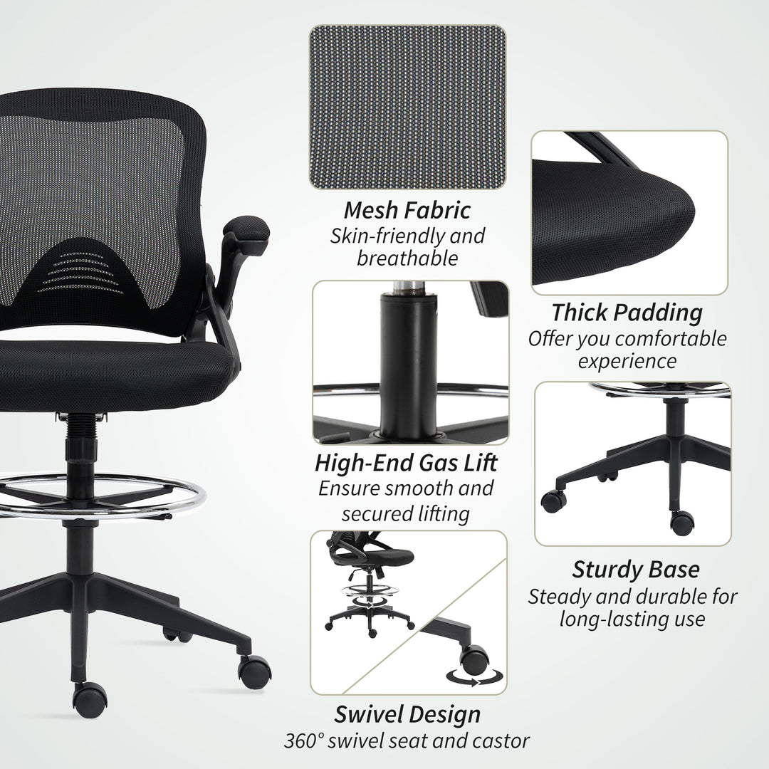 Drafting Chair with Flip-up Armrest, Mesh Office Stool with Foot Ring, 360 Degree Swivel Height Adjustable Chair for Standing Desk, Black