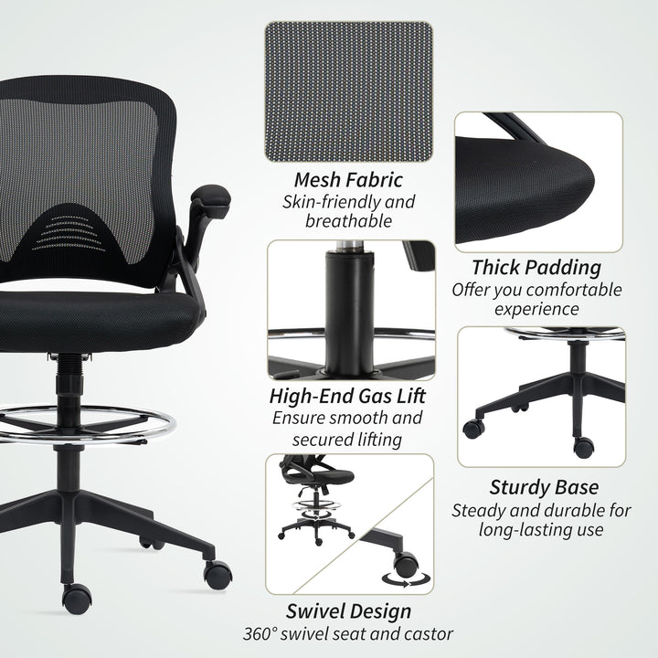 Drafting Chair with Flip-up Armrest, Mesh Office Stool with Foot Ring, 360 Degree Swivel Height Adjustable Chair for Standing Desk, Black