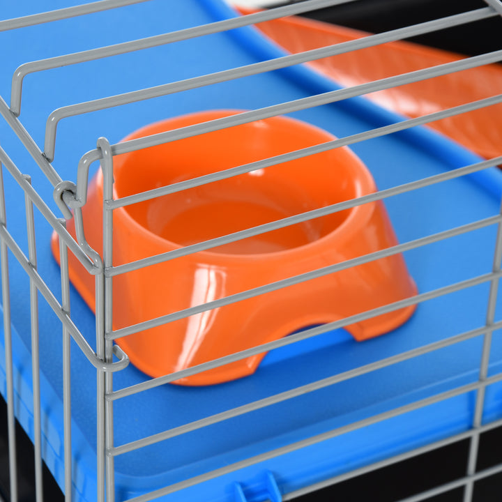 PawHut Pet Abode: 2-Tier Small Animal Cage with Accessories, Secure & Spacious, Blue/Orange | Aosom UK