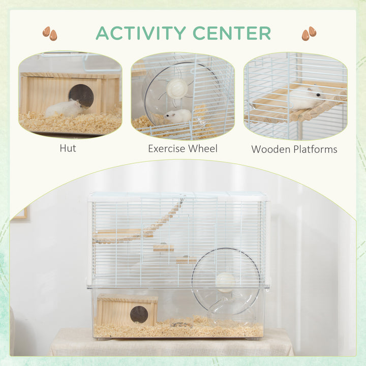 Hamster Cage, Gerbil Cage with Wooden Ramp, Exercise Wheel, Food Bowl - White