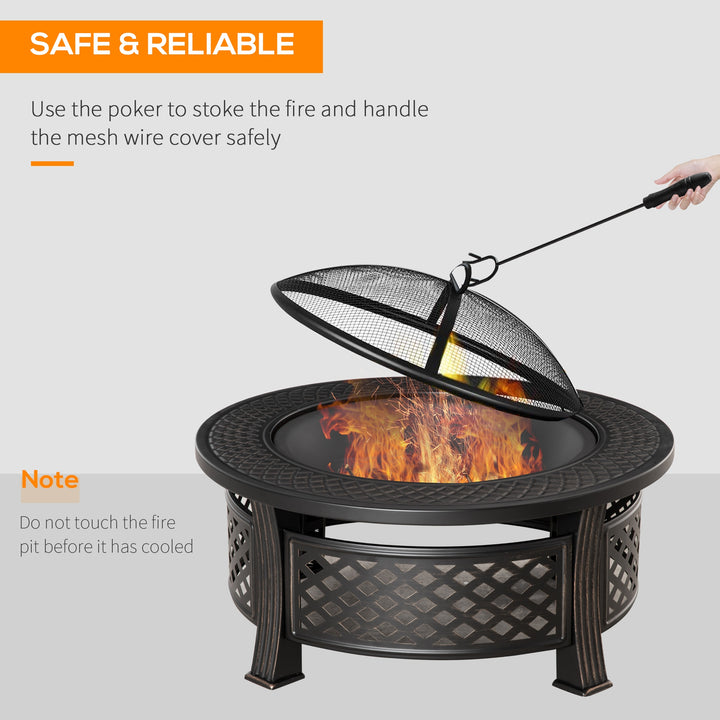Outdoor Fire Pit, Firepit with Grill Net, Mesh Lid, Poker, for Camping