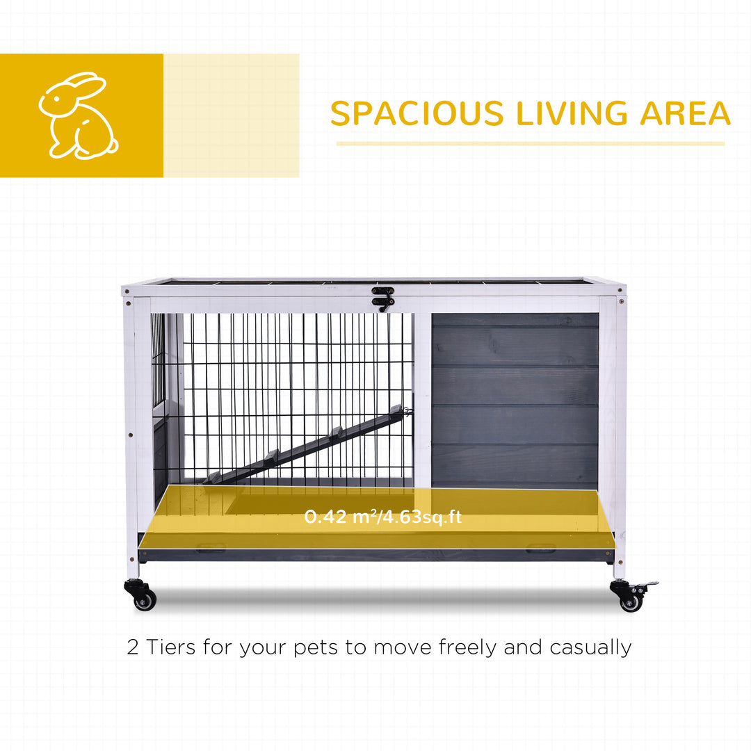 Wooden Guinea Pig Hutch, 2-Floor Bunny Cage w/ Enclosed Run Area, Grey