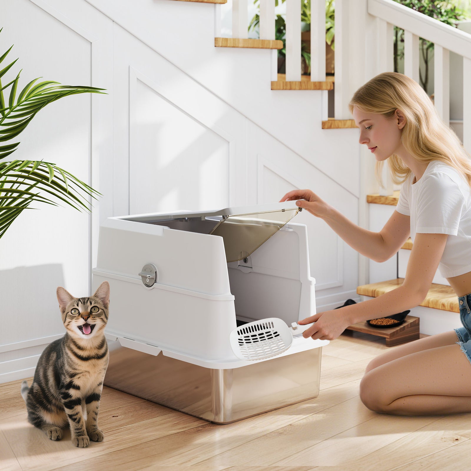 Extra Large Stainless Steel, Cat Litter Tray with Scoop, Flip Top