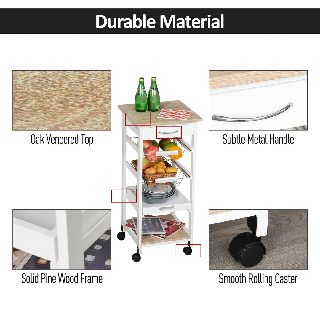 MCL Mobile Rolling Kitchen Island Trolley for Home w/ Metal Baskets Trays Shelves Wheels Compact Stylish Storage White