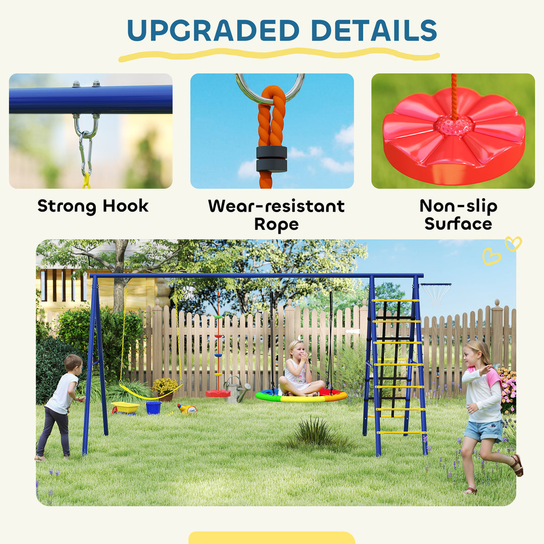 6 in 1 Metal Kids Swing Set with 3 Swings, Climbing Ladder &amp; Net, Bask