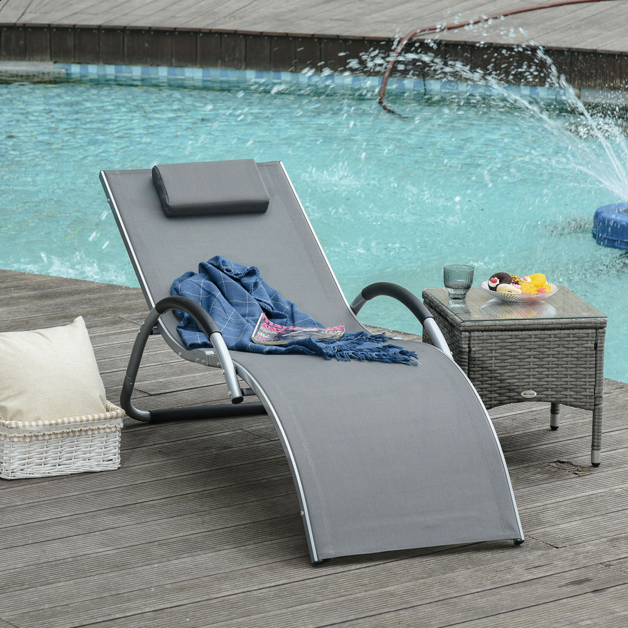 Sun Lounger Reclining Chair Portable Armchair with Pillow for Garden Patio Outside Aluminium Frame, Dark Grey