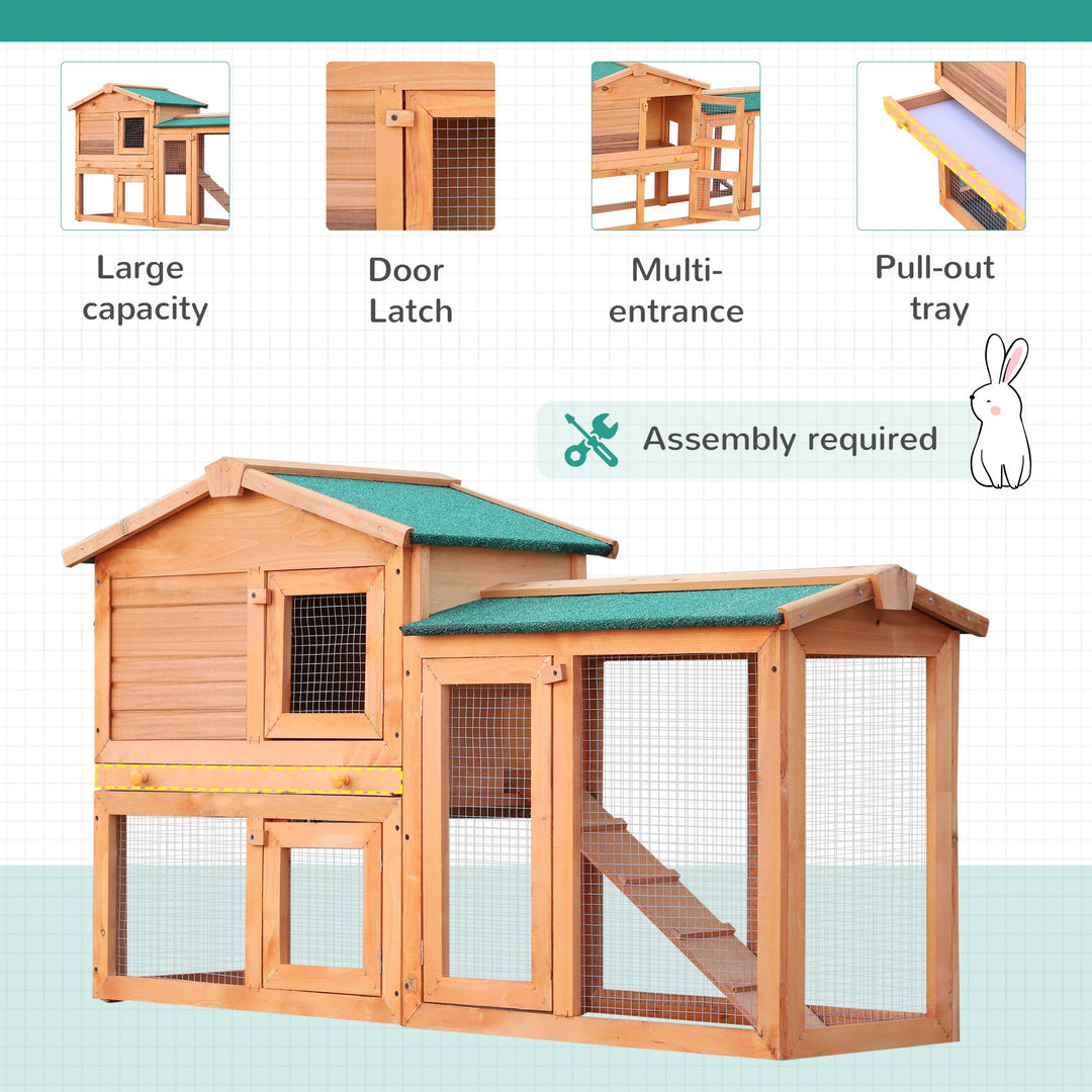 Rabbit 2 Tier Fir Wood Small Animal Hutch Guinea Pigs Hutches w/ Ramp Brown