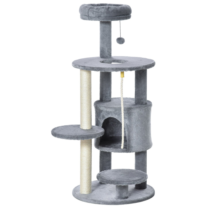 PawHut Cat Tree Tower, 112cm, with Jute Scratching Post, Perch, Hanging Ball, Teasing Rope for Climbing Kittens, Dark Grey | Aosom UK