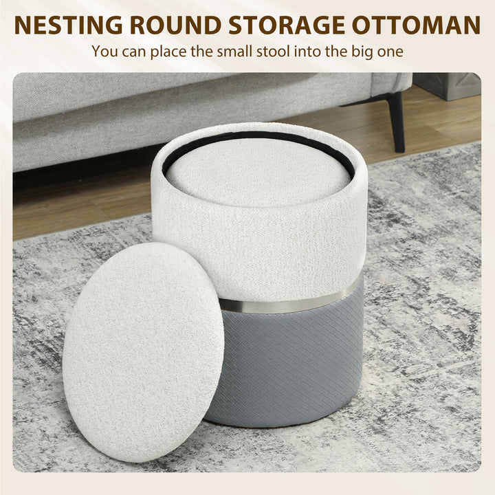 Nesting Round Ottoman with Storage Set of 2 - Cream/Grey