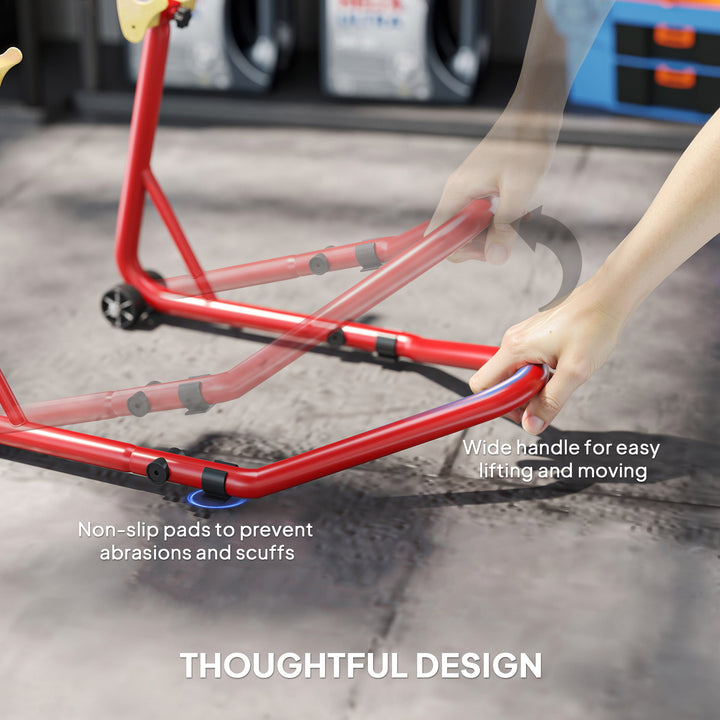 Motorcycle Rear Wheel Stand, 544 kg Capacity Heavy Duty Steel Motorbike Motorcycle Paddock Stand Lift with Adjustable U + L Forks, Wheels, Non-Slip Pads for Workshop Garage Repair, Red