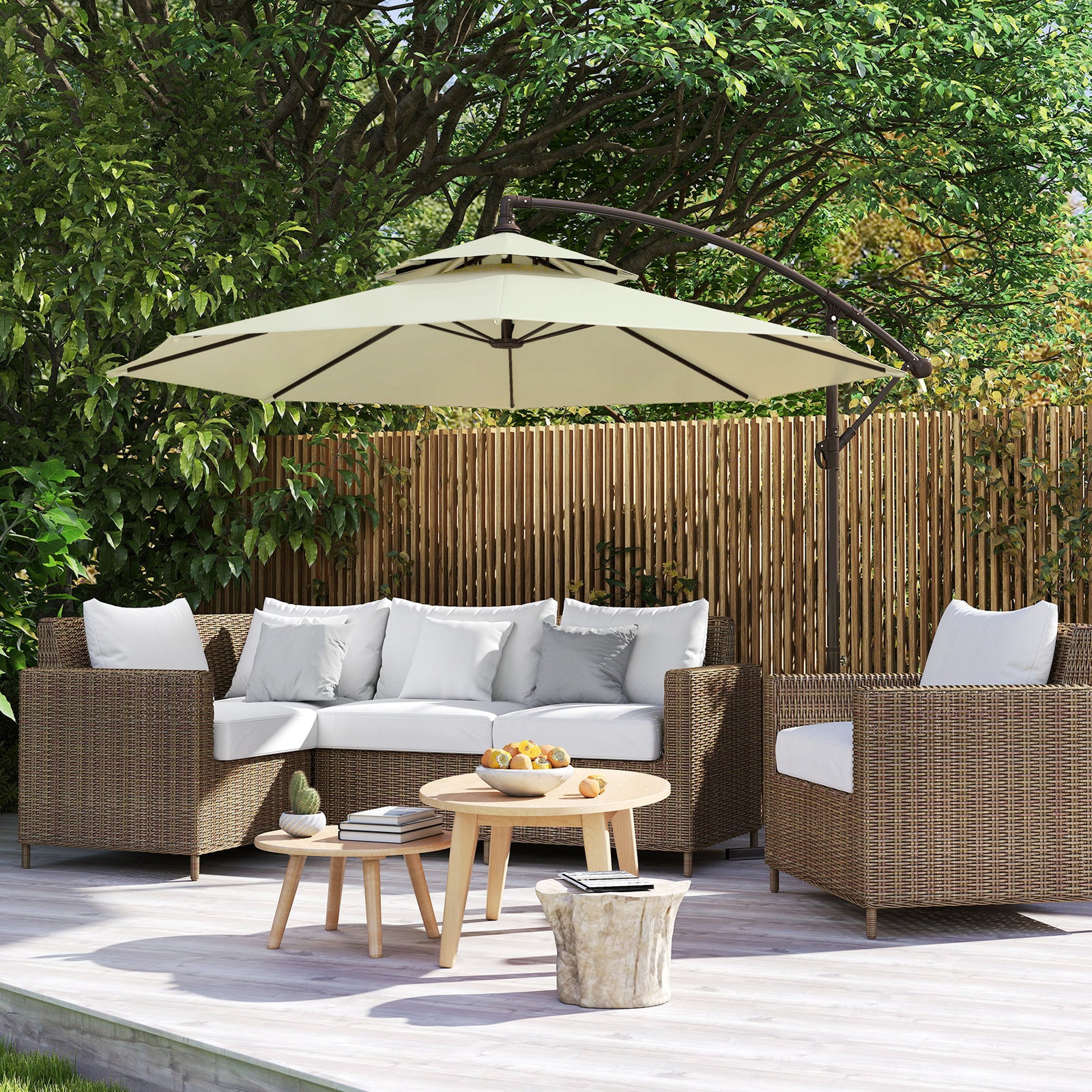 2.7m Garden Banana Parasol Cantilever Umbrella with Crank Handle, Double Tier Canopy and Cross Base for Outdoor, Hanging Sun Shade, Beige