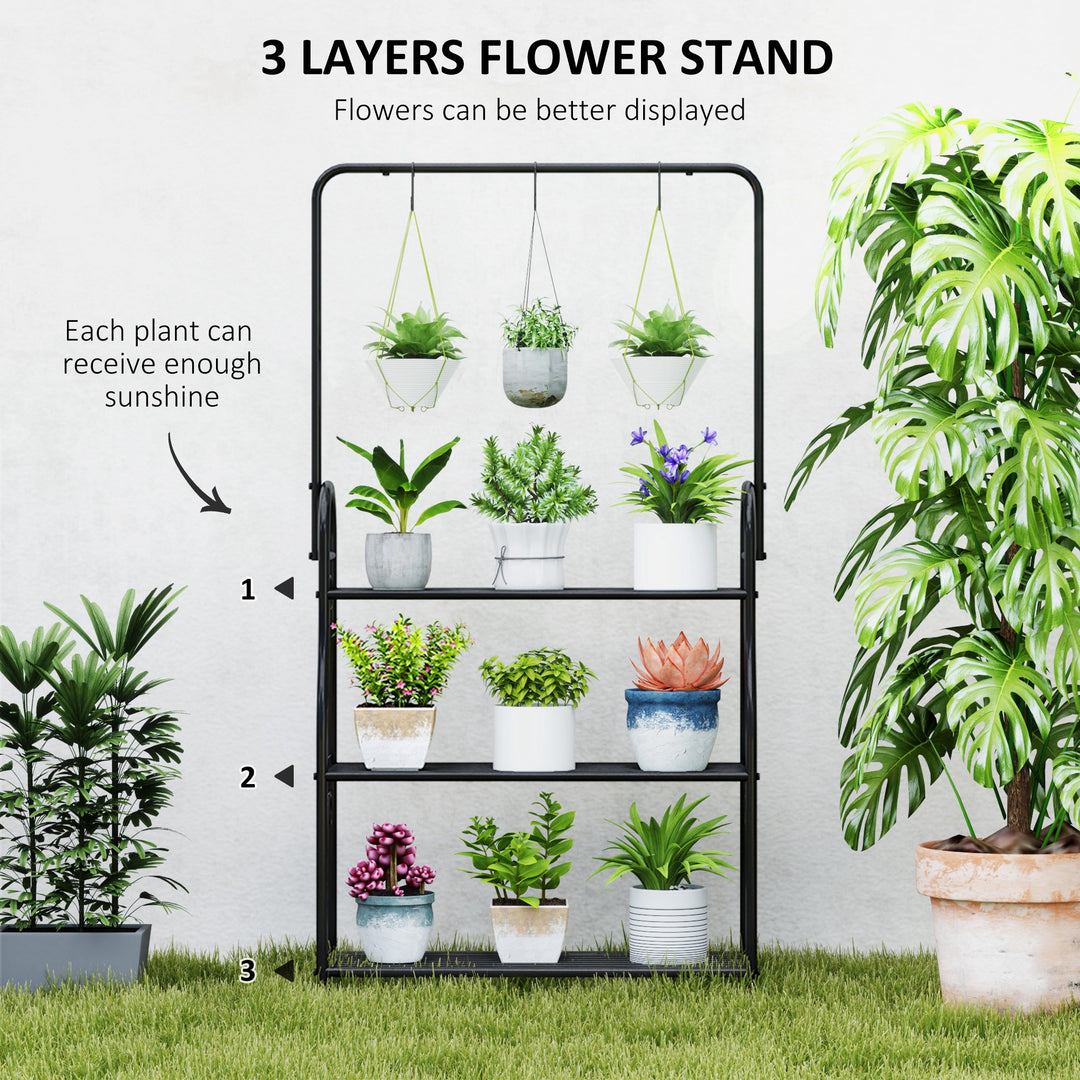 3 Tier Plant Stand with Hanging Rod and Hooks, Metal Plant Rack Shelf, Ladder Flower Pot for Indoor Outdoor Porch Balcony Living Room Bedroom, Black