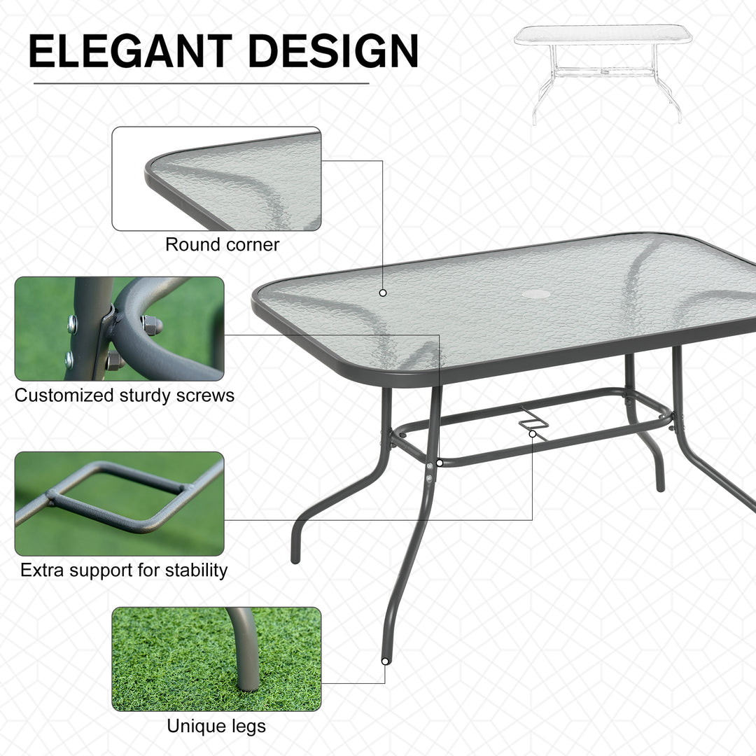 Garden Dining Table Glass Top Metal Frame with Parasol Hole Outdoor Balcony Grey 120L x 80Wcm