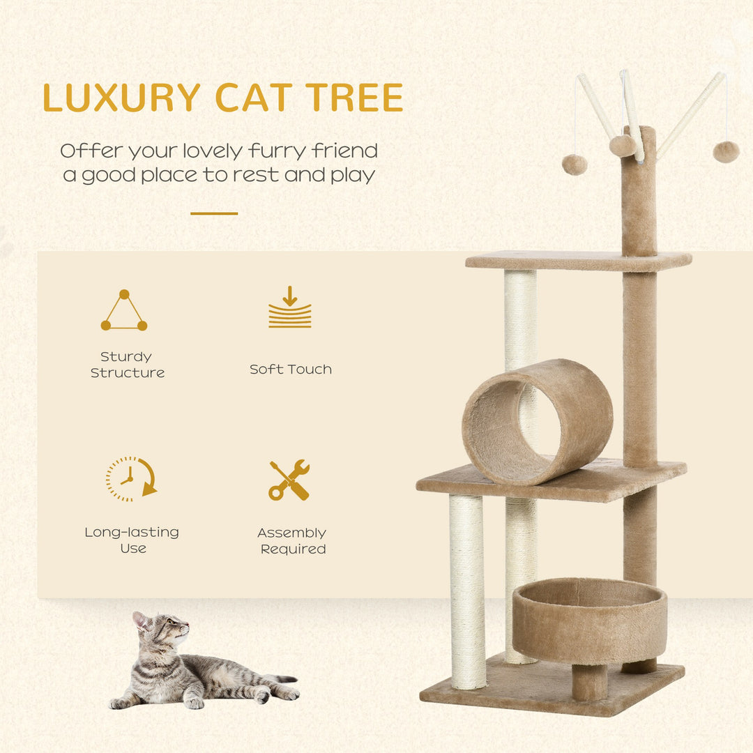 PawHut Cat Tree Tower, 121cm Kitten Activity Centre with Scratching Post, Bed Tunnel Perch, Interactive Ball, Brown | Aosom UK