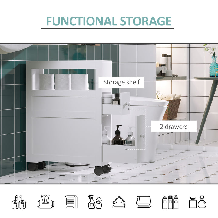 MCL 72x16cm Narrow Bathroom Storage Unit w/ 2 Drawers Open Top 4 Wheels Slimline Modern Rolling Home Organisation