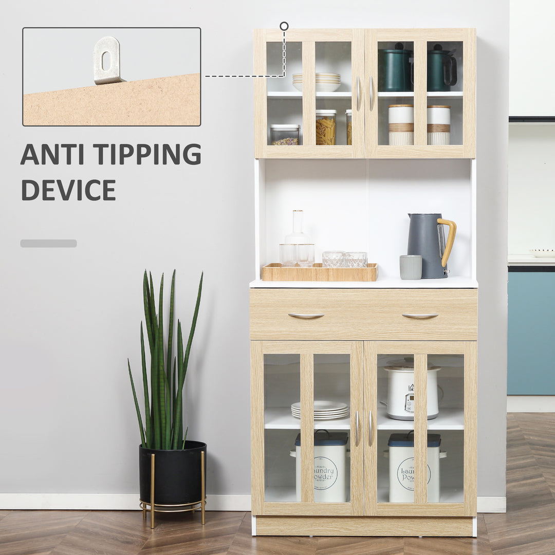 MCL Modern Kitchen Cupboard, Freestanding Storage Cabinet Hutch with Central Drawer, 2 Glass Door Cabinets and Countertop, 180cm