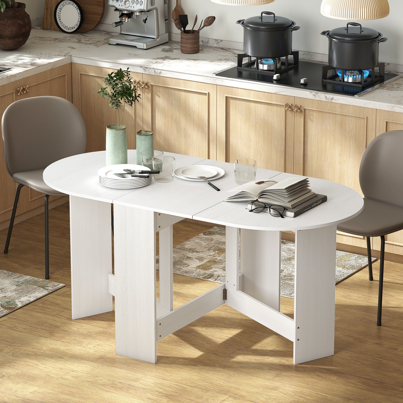Folding Dining Table, Drop Leaf Table for Small Spaces, Oval Tabletop for Dining Room, Ash Wood-Effect