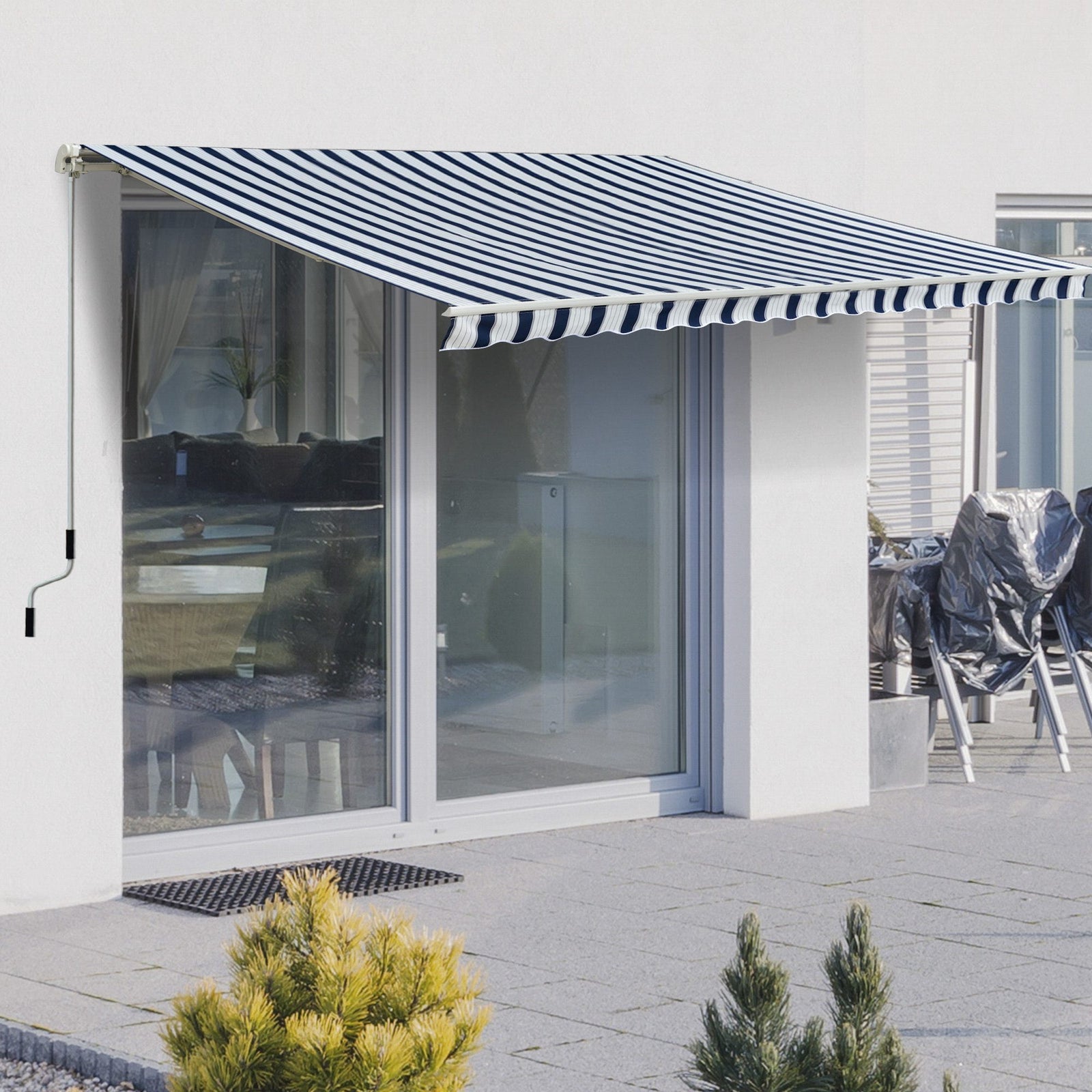 Manual Retractable Awning, 3.5x2.5 m-Dark Blue/White Stripes