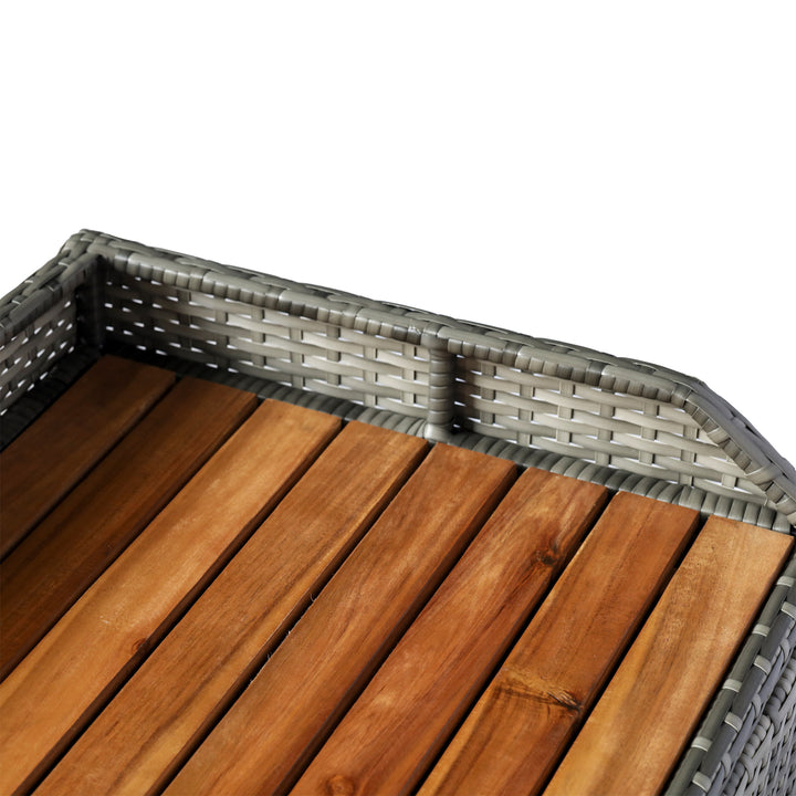 Patio Wicker Storage Bench Box, Outdoor Garden PE Rattan Pool Storage Deck Bin Box w/ Natural Wood Top, Lid, Ideal for Storing Tools, Accessories and Toys, Mixed Grey