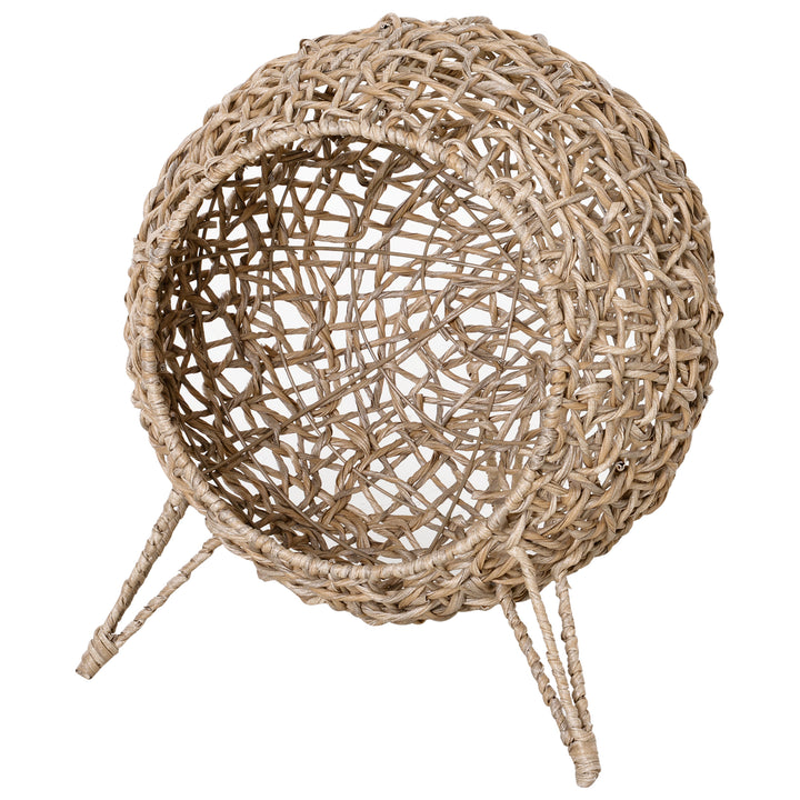 PawHut Cat Hammock Rattan Cat House Ball-Shaped Cat Bed with Hand-Woven PE, Cushion & Three-Legged Base, Natural Wood Finish | Aosom UK