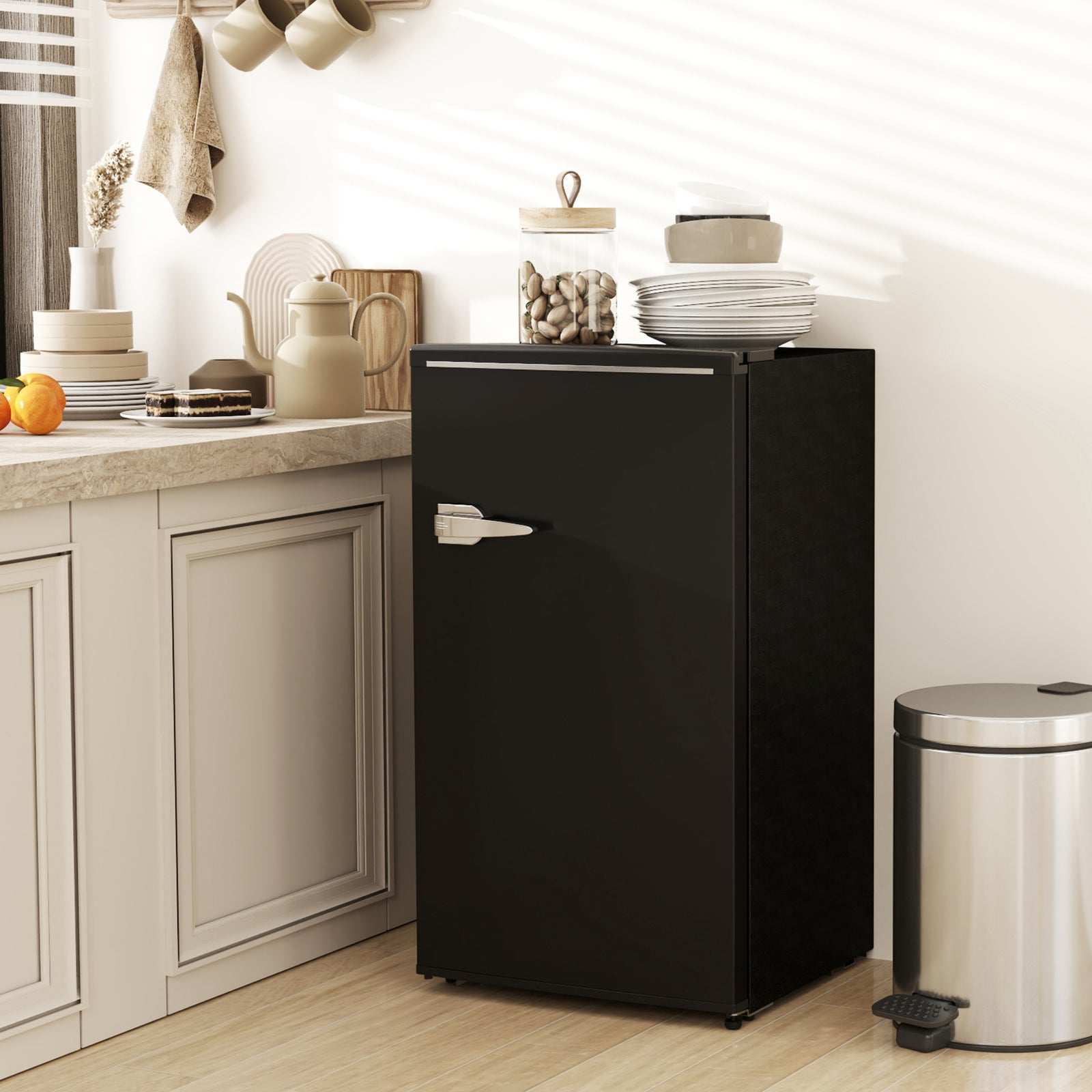 Under Counter Fridge, 85L Small Retro Refrigerator with Chiller Box, Adjustable Thermostat, Glass Shelves, Black