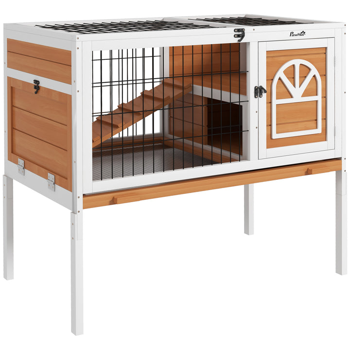 Wooden Rabbit Hutch, Guinea Pig Cage, with Removable Tray, Openable Roof