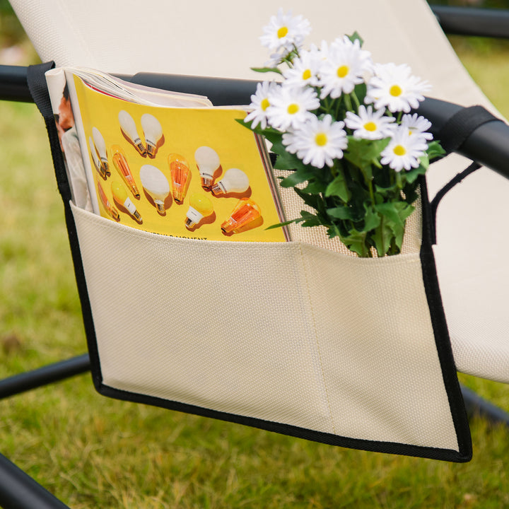 2PCs Outdoor Garden Rocking Chair, Patio Sun Lounger Rocker Chair with Breathable Mesh Fabric, Removable Headrest Pillow, Armrest, Side Storage Bag, Cream White