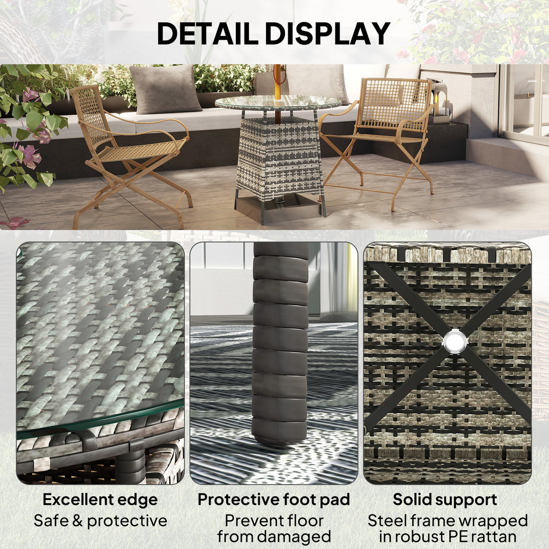 Wicker Garden Rattan Table, Patio Furniture Outdoor Coffee Table with Umbrella Hole and Tempered Glass Top, Grey